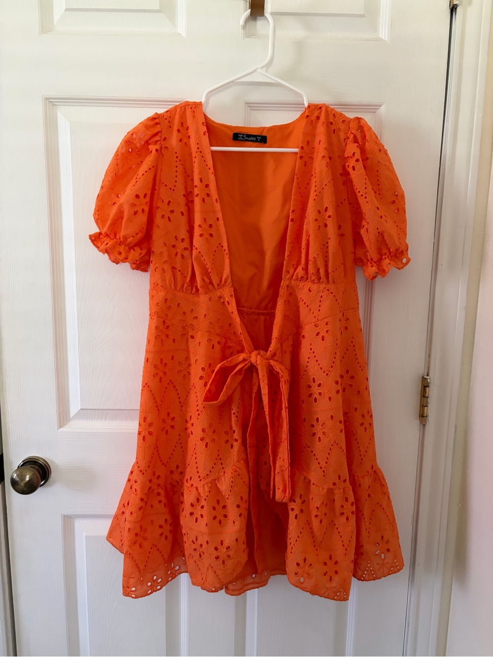 Simplee Bright Orange Eyelet Tie-Front Dress
